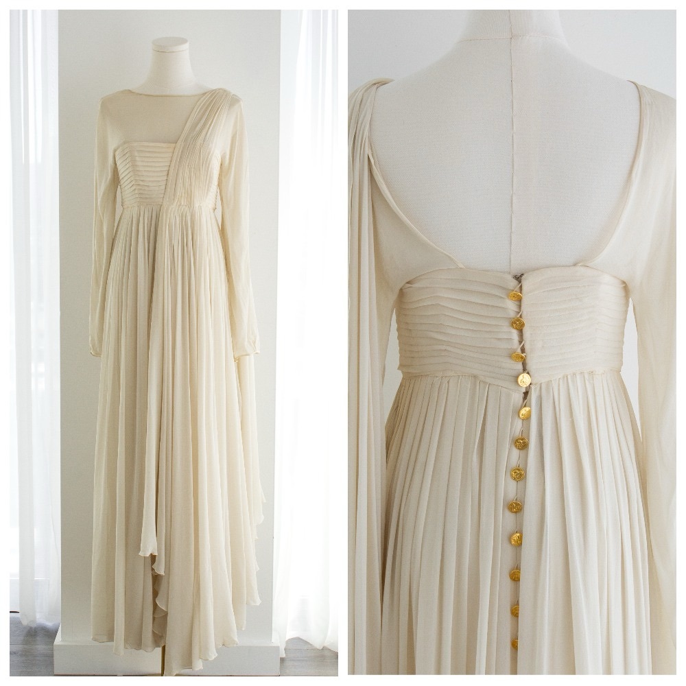 Rare Chanel Vintage S/S 1989 Grecian Goddess Ivory Gold Pleated Gown